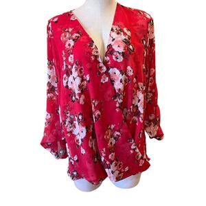 Kut From The Kloth Jenalee Top Red Floral Blouse Roll Tab Sleeve Sz Large Sheer